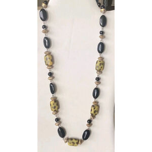 Beaded Necklace W/Leopard Spots & Smooth Black Semi Chunky Faux Stones 25”